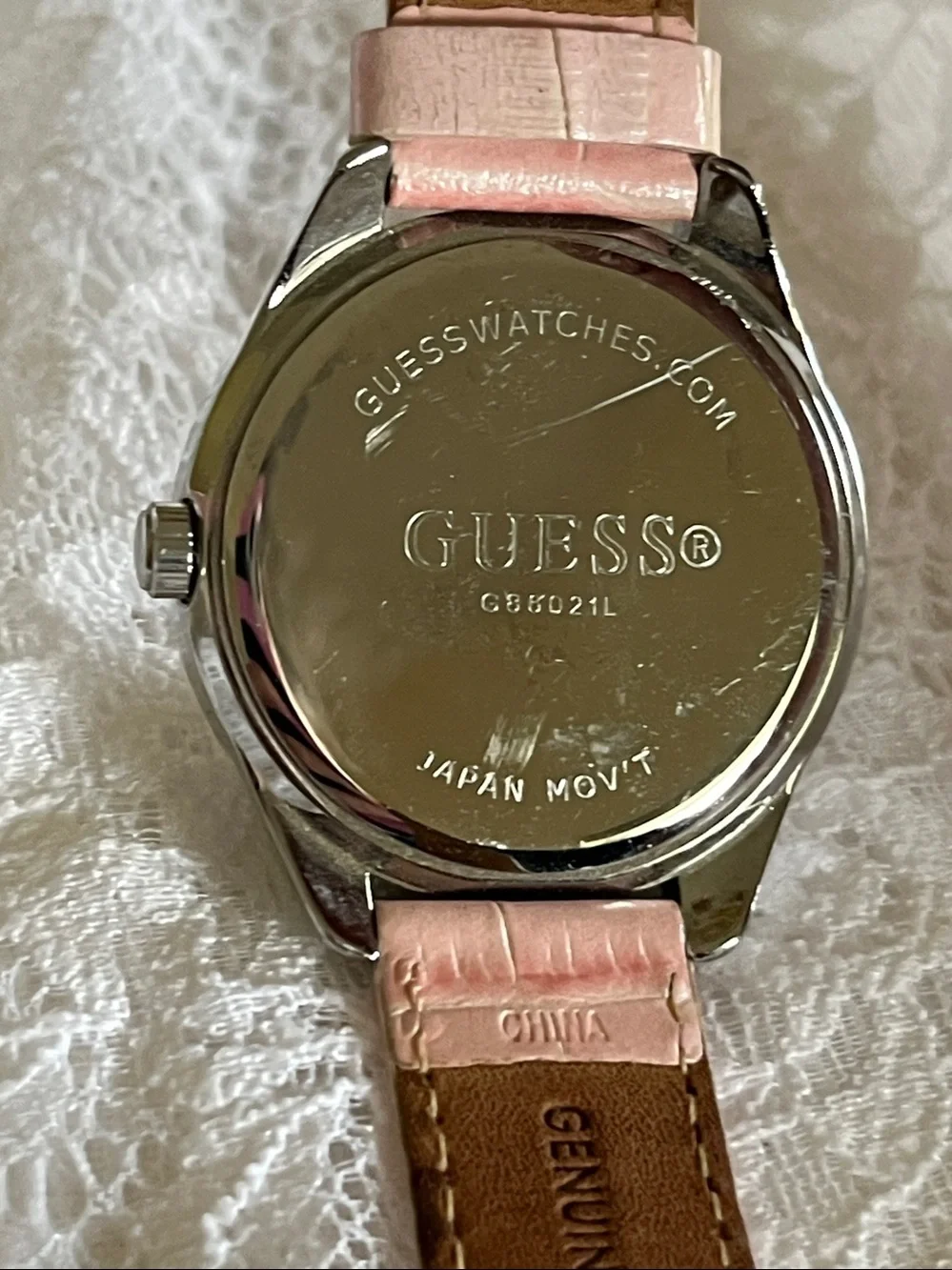 GUESS Pink Crystal-Trim Heart Dial Women’s Watch